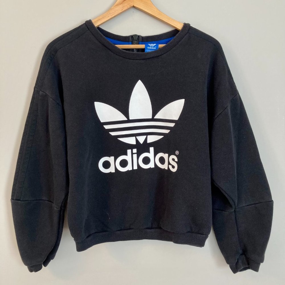 Vintage Adidas Classic Black Trefoil Cropped Sweatshirt, back zip,  Size S